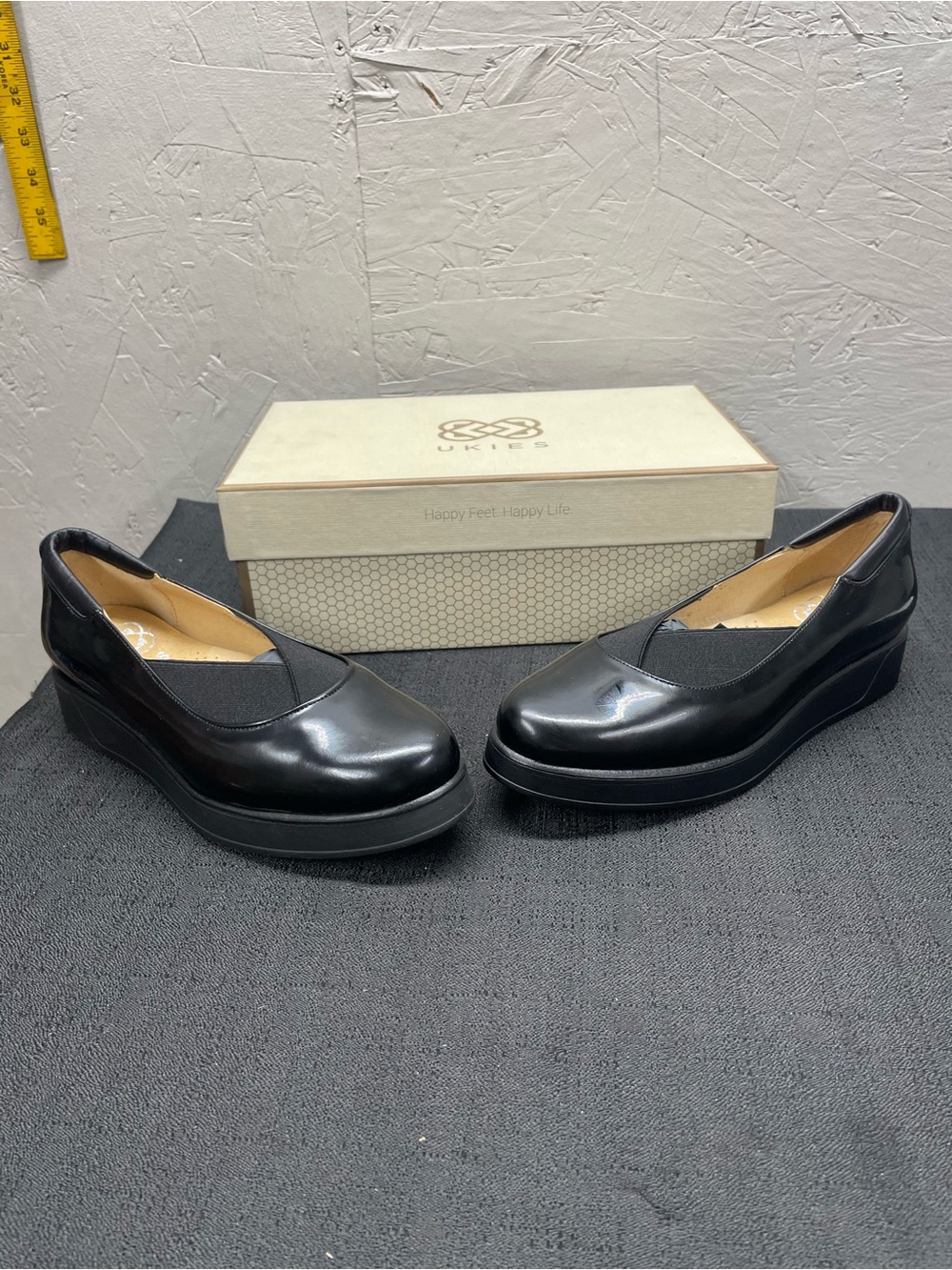 Ukies Amanda black patent Leather Slip-On Platform Flats with Black Sole
